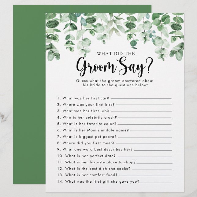 Papier Baptême de mariage au eucalyptus Qu'a dit le marié (Devant / Derrière)