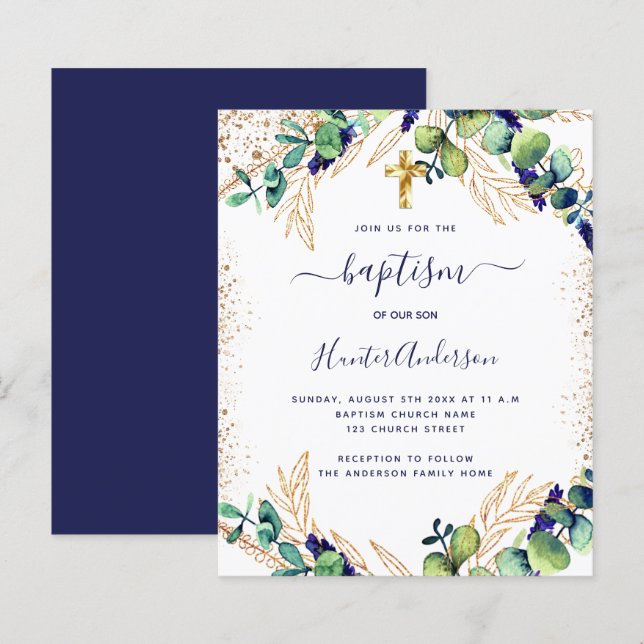 Papier Baptême eucalyptus vert marine invitation bleue (Devant / Derrière)