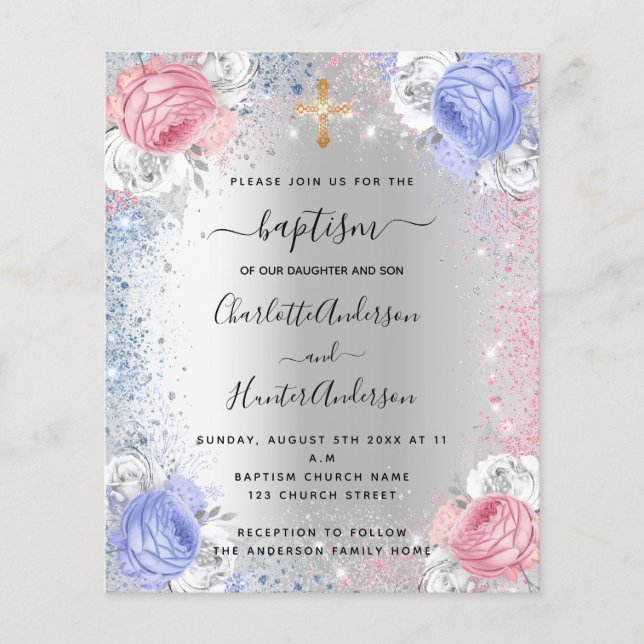 Papier Baptême garçon fille bleu rose argent invitation (Devant)
