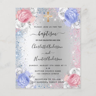 Papier Baptême garçon fille bleu rose argent invitation