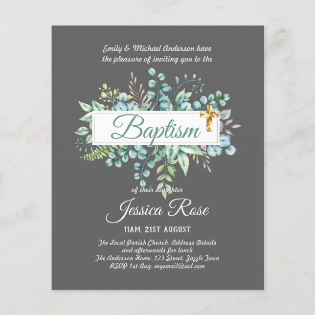 Papier Baptême Invitation Eucalyptus BUDGET Vert (Devant)