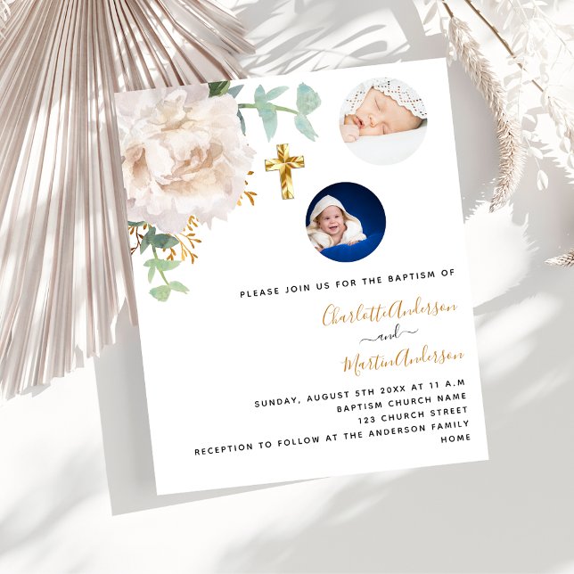 Papier Baptême jumeaux floral photo budget invitation (Créateur téléchargé)