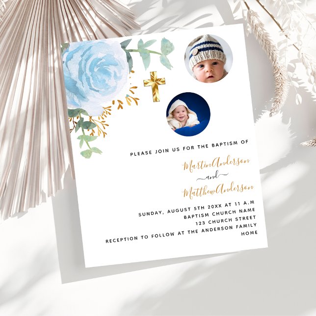 Papier Baptême jumeaux garçons floral photo budget invita (Créateur téléchargé)
