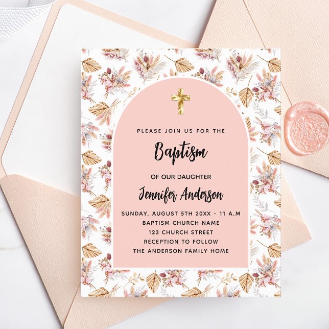Papier Baptême Pampas fleurs rose or budget invitation (Créateur téléchargé)