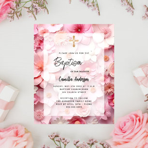 Papier Baptême rose rousse fleurs fille invitation budgét