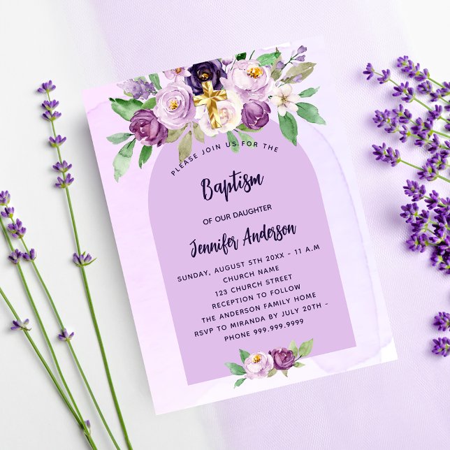 Papier Baptême violet fleurs violet invitation budgétaire (Créateur téléchargé)