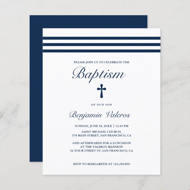 Papier BAPTISM Elégant Bande Bleue Croix Budget (Devant / Derrière)