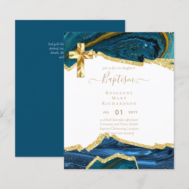 Papier BAPTISME BUDGÉTAIRE NOËL Invitation AGATE GOLD (Devant / Derrière)