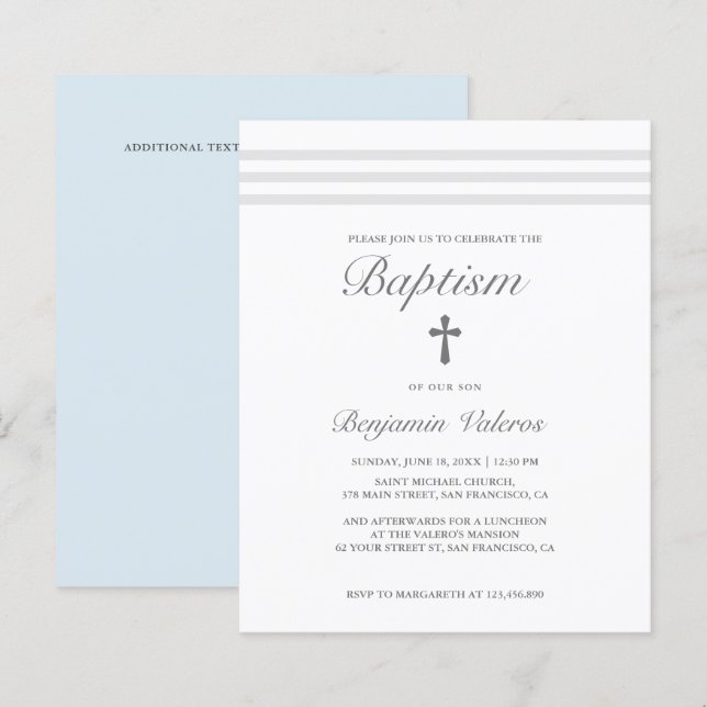 Papier BAPTISME Élégant gris rayé Croix Bleue Budget (Devant / Derrière)