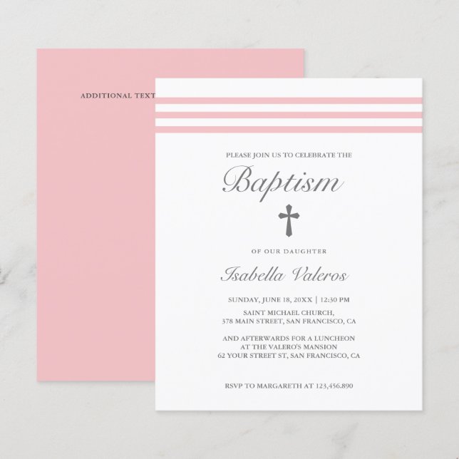 Papier BAPTISME Élégant pastel rayé Pink Cross Budget (Devant / Derrière)