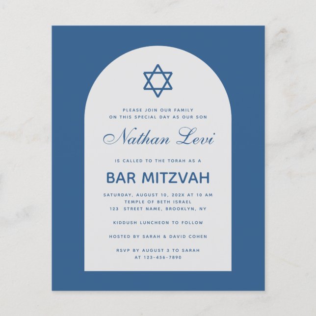 Papier Bar Mitzvah Budget Classique Arc Bleu Invitation (Devant)