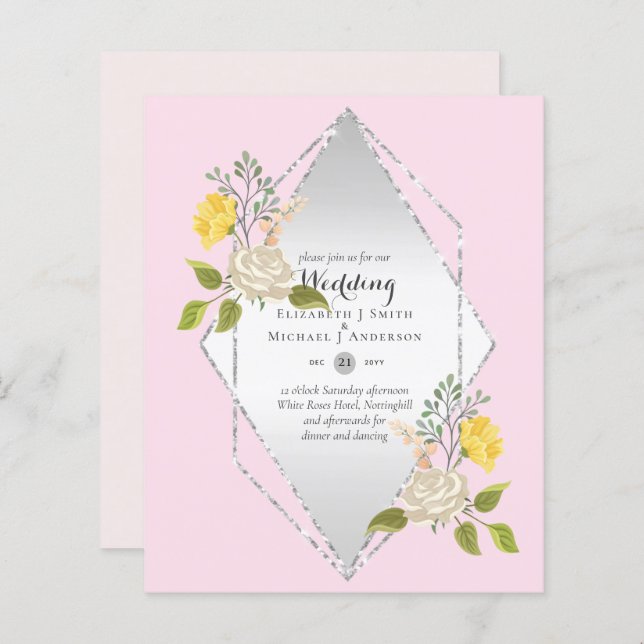 Papier BAS BUDGET Blanc Rose Jaune Fleur Mariage Inviter (Devant / Derrière)