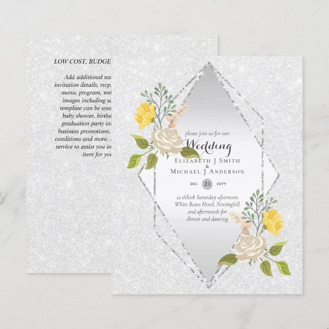 Papier BAS BUDGET Blanc Rose Jaune Fleur Mariage Inviter (Devant / Derrière)
