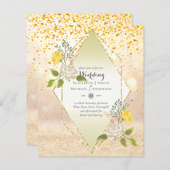 Papier BAS BUDGET Blanc Rose Jaune Fleur Mariage Inviter (Devant / Derrière)