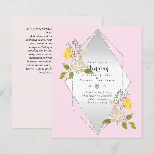 Papier BAS BUDGET Blanc Rose Jaune Fleur Mariage Inviter (Devant / Derrière)