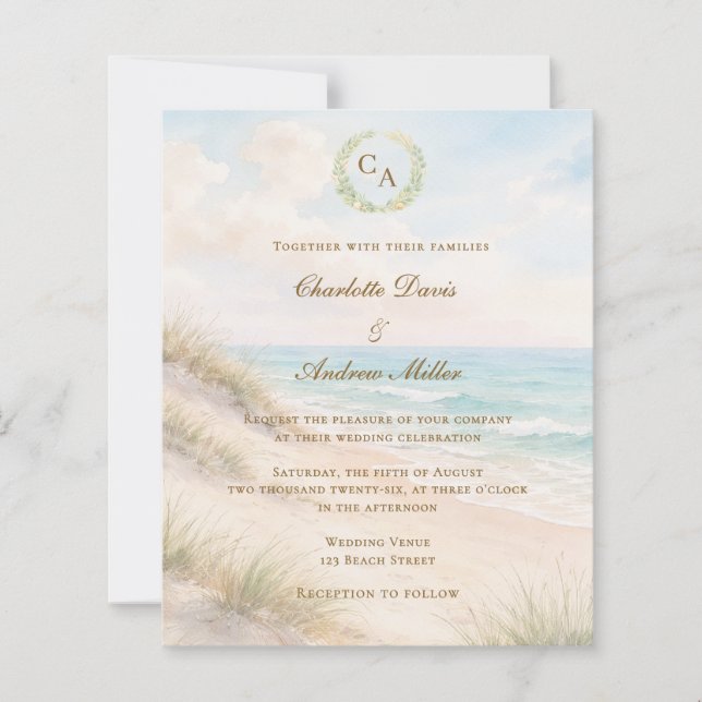 Papier Beach coastal monogrammed wedding invitation (Devant)