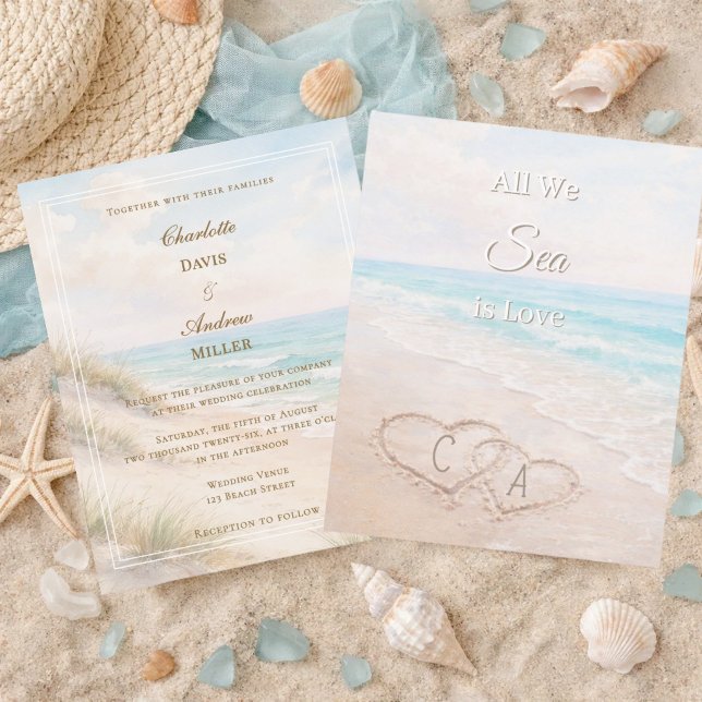 Papier Beach hearts sand initials wedding invitation (Créateur téléchargé)