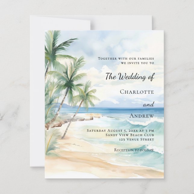 Papier Beach tropical palm destination wedding invitation (Devant)