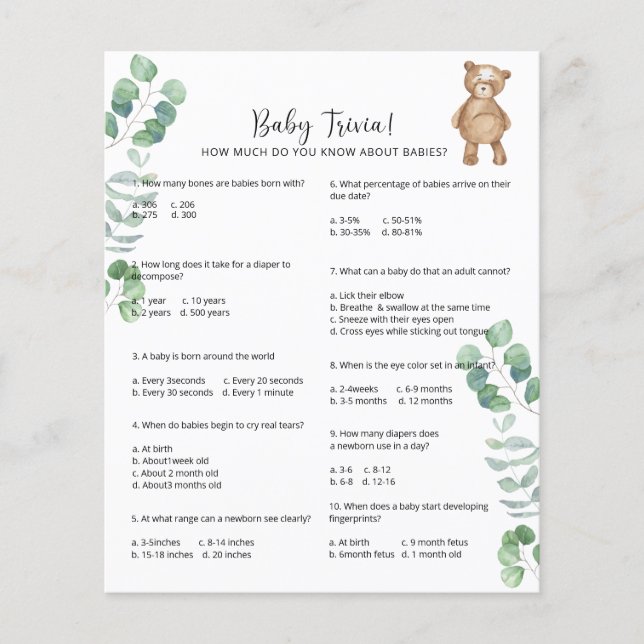 Papier Bear Baby Trivia | Jeu Baby shower (Devant)