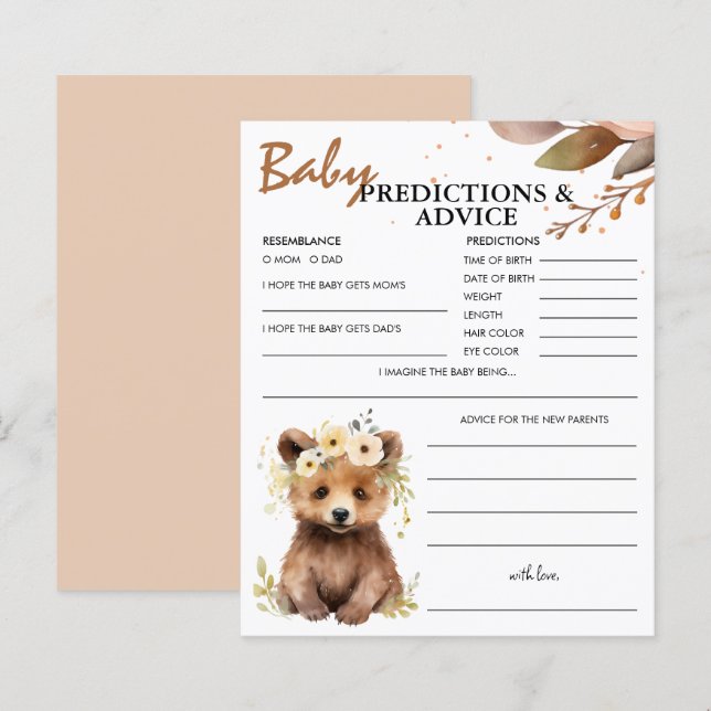 Papier Bear Cub Woodland Baby Predictions & Conseils Card (Devant / Derrière)