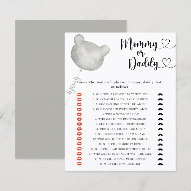 Papier Bear maman ou papa jeu de baby shower (Devant / Derrière)