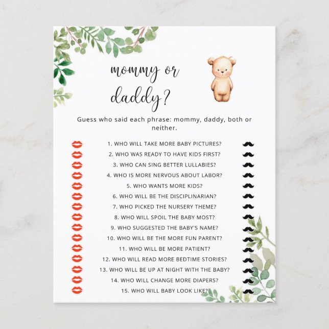 Papier Bear maman ou papa jeu de baby shower (Devant)