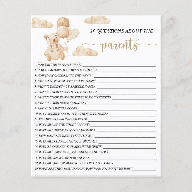 Papier Bear on balls 20 Questions sur le jeu Parents (Devant)