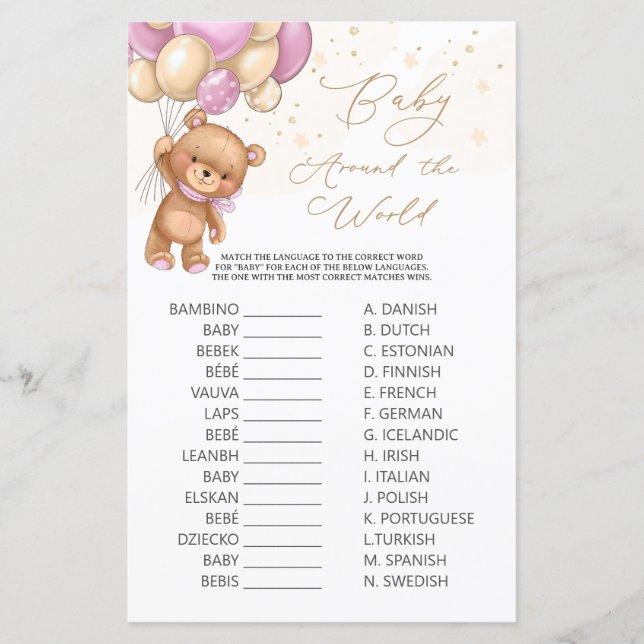 Papier Bear Pink Balloons Baby Around World Jeu (Devant)