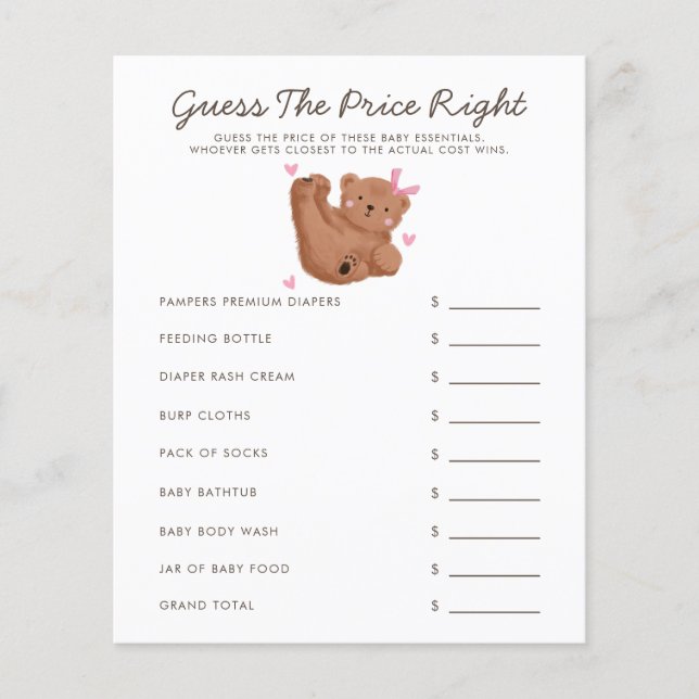 Papier Bear Thème Fille Baby shower Devinez Le Prix Juste (Devant)