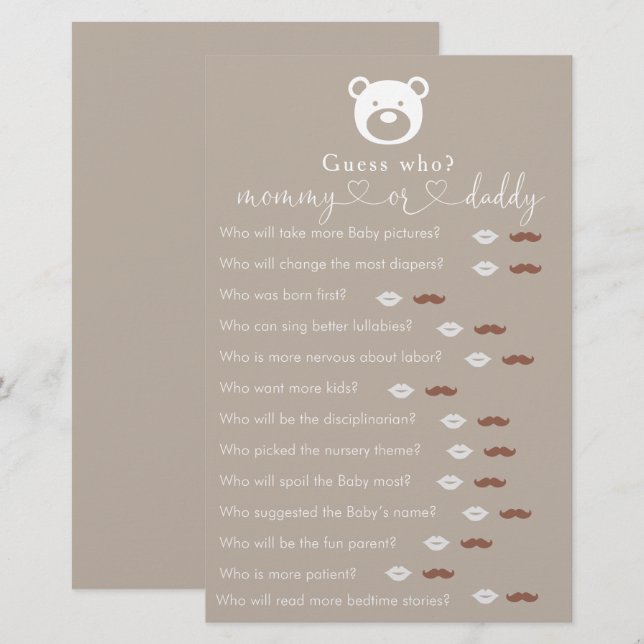 Papier Bearly Wait Baby shower "Devinez Qui" Jeu (Devant / Derrière)