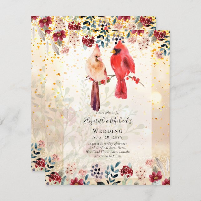 Papier Beau Faire-part de mariage CARDINAL ROUGE Oiseaux (Devant / Derrière)