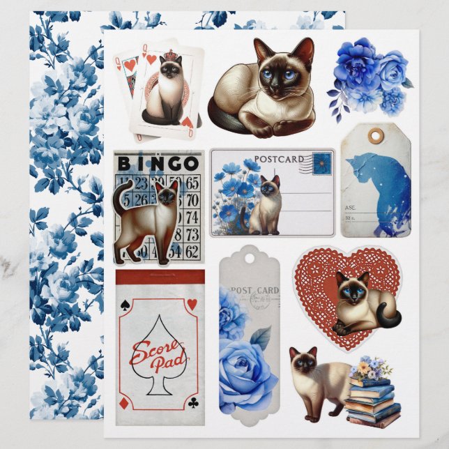 Papier Beautiful Fussy Cuts with Siamese Cat & Blue Roses (Devant / Derrière)