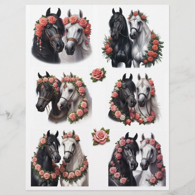 Papier Beautiful Horse Pairs with Pink Rose Wreaths (Devant)