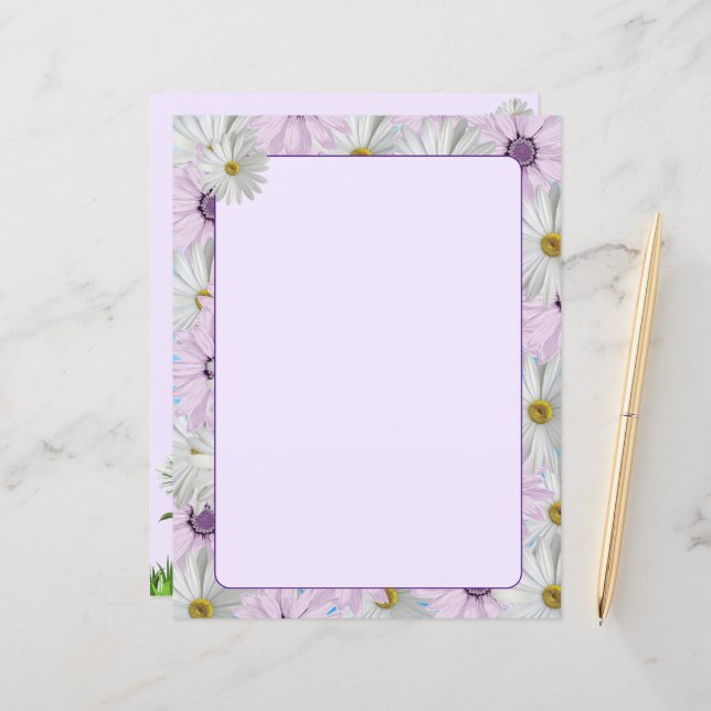 Papier Beautiful Pink and White Daisies 8.5 x 11 (Devant/Arrière en situation)