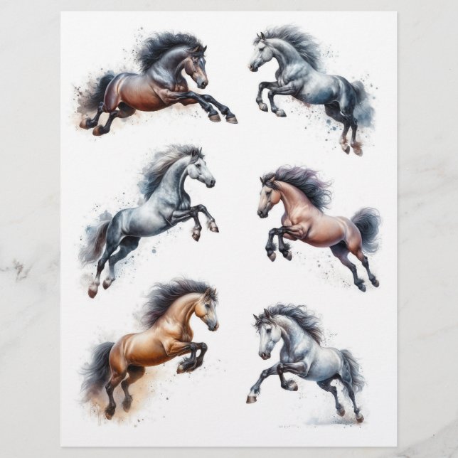 Papier Beaux Chevaux à l'aquarelle bondissant dans les ai (Devant)