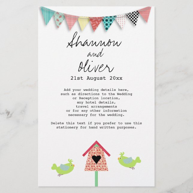Papier Beaux Oiseaux Whimsical Et Mariage Birdhouse Info (Devant)