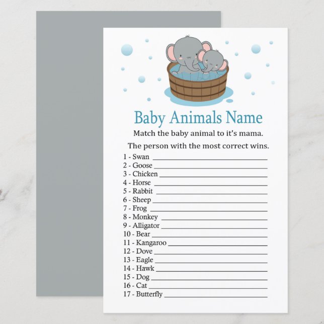 Papier Bébé adorable Eléphant Animaux Nom Jeu (Devant / Derrière)