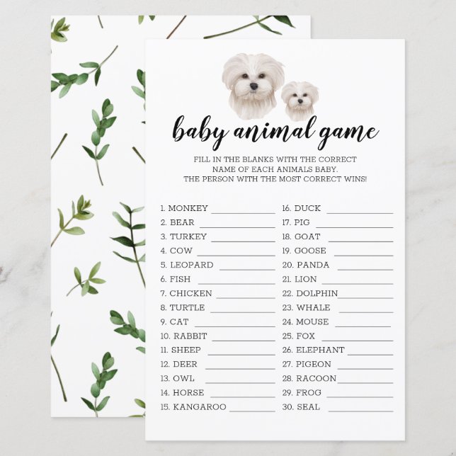 Papier Bébé Animal Jeu Blanc Maltais Chien Aquarelle (Devant / Derrière)