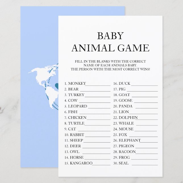 Papier Bébé animal jeu Voyage Baby shower de passeport (Devant / Derrière)