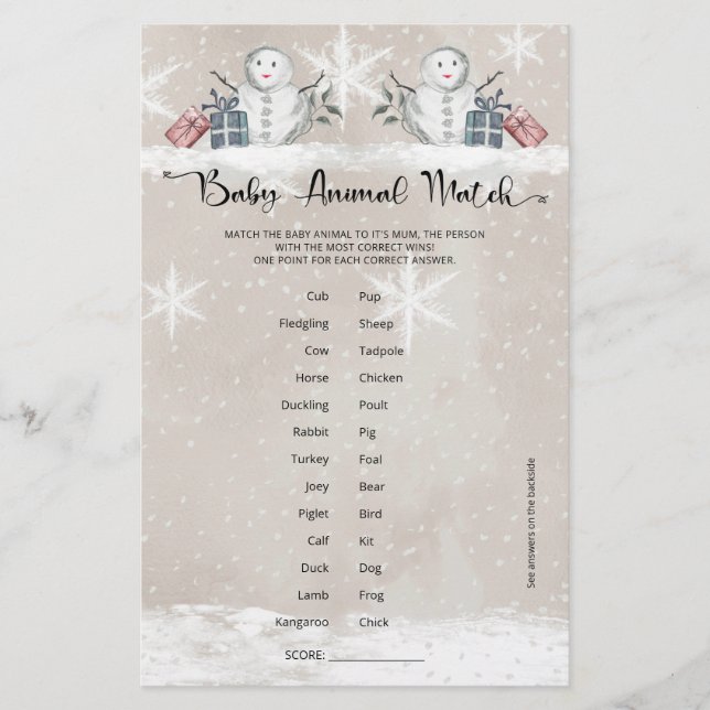Papier Bébé Animal Match Baby shower Snowman (Devant)