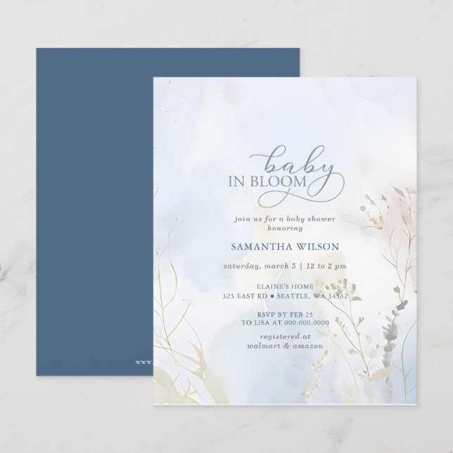 Papier Bébé budget en Fleur Bleu Floral Baby shower garço (Devant / Derrière)