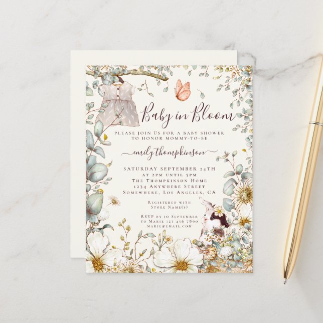 Papier Bébé budget en Fleur fille Invitation de crème de  (Devant/Arrière en situation)