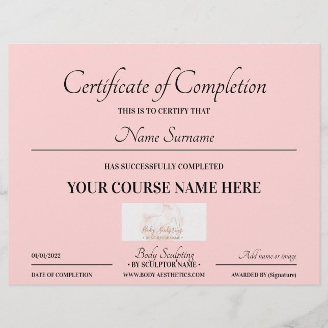 Papier Bébé cours rose certificat en ligne d'achèvement (Devant)