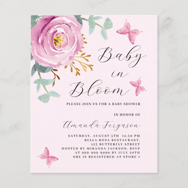Papier Bébé en Bloom rose Baby shower papillon rose (Devant)