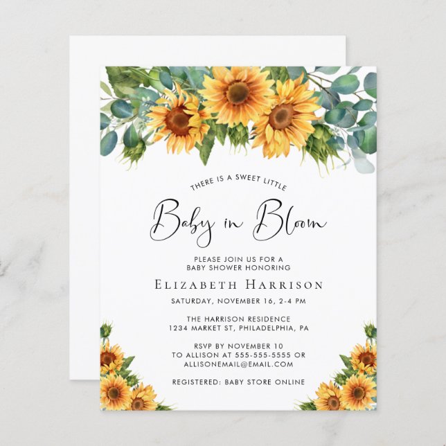 Papier Bébé en Fleur Tournesol Eucalyptus Invitation douc (Devant / Derrière)