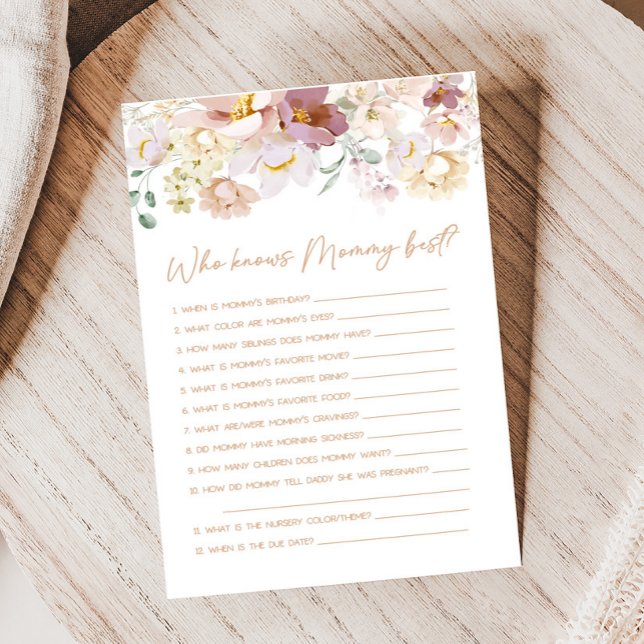 Papier Bébé en fleurs florales Qui connaît maman meilleur (Spring Wildflower Baby Shower Who knows Mommy Best Game )