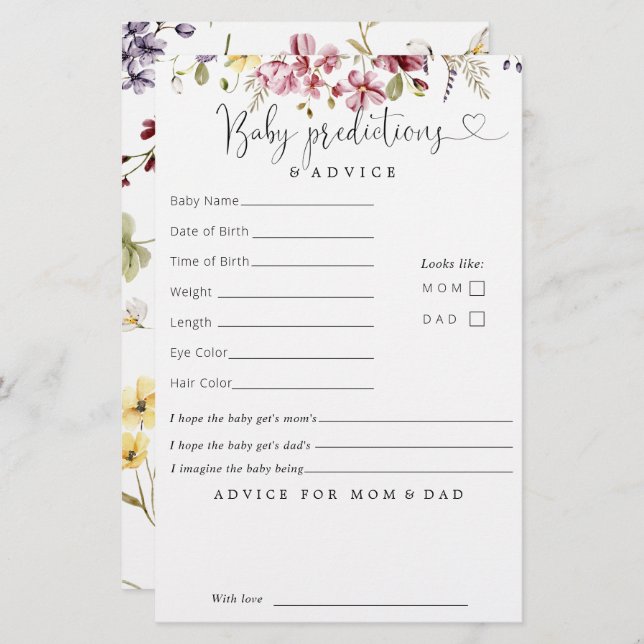 Papier Bébé fleur sauvage En Fleur Prédictions Conseils (Devant / Derrière)