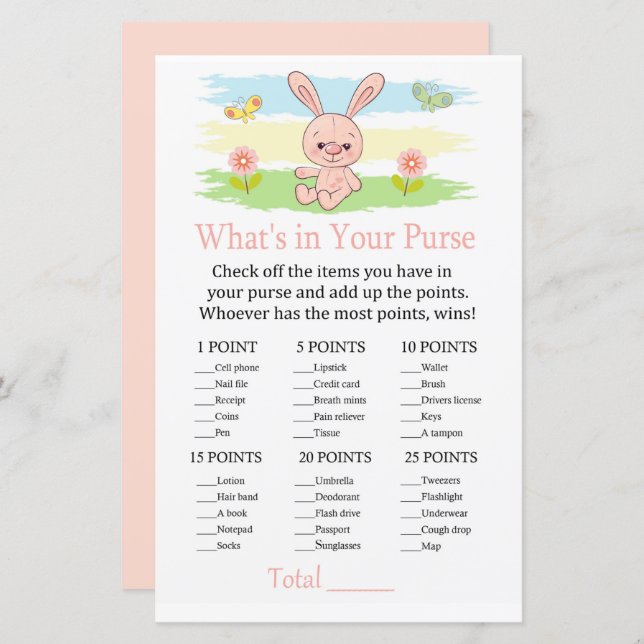Papier Bébé lapin Ce qui est dans votre jeu de sac à main (Devant / Derrière)