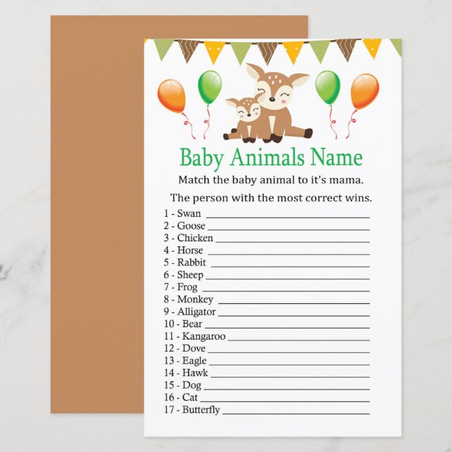 Papier Bébé mignon Animaux Nom Jeu (Devant / Derrière)