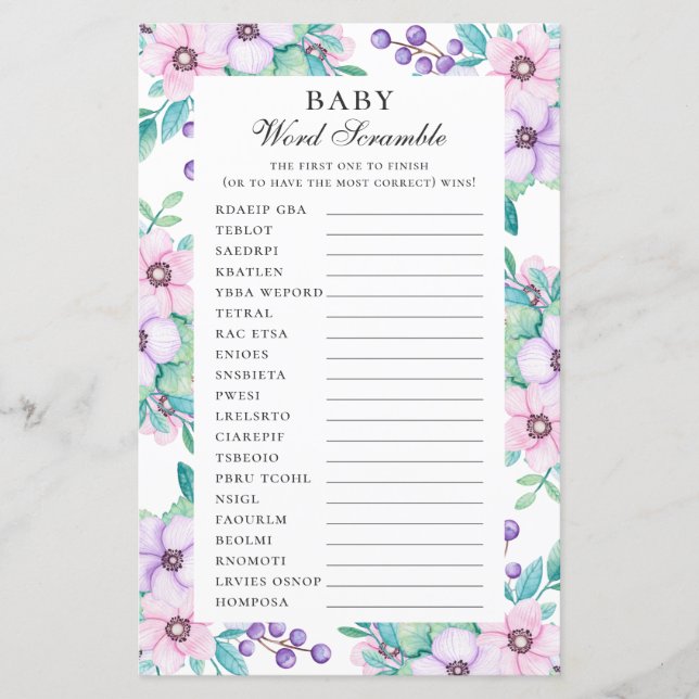 Papier Bébé mot brouille. Jeu de baby shower fleuri viole (Devant)